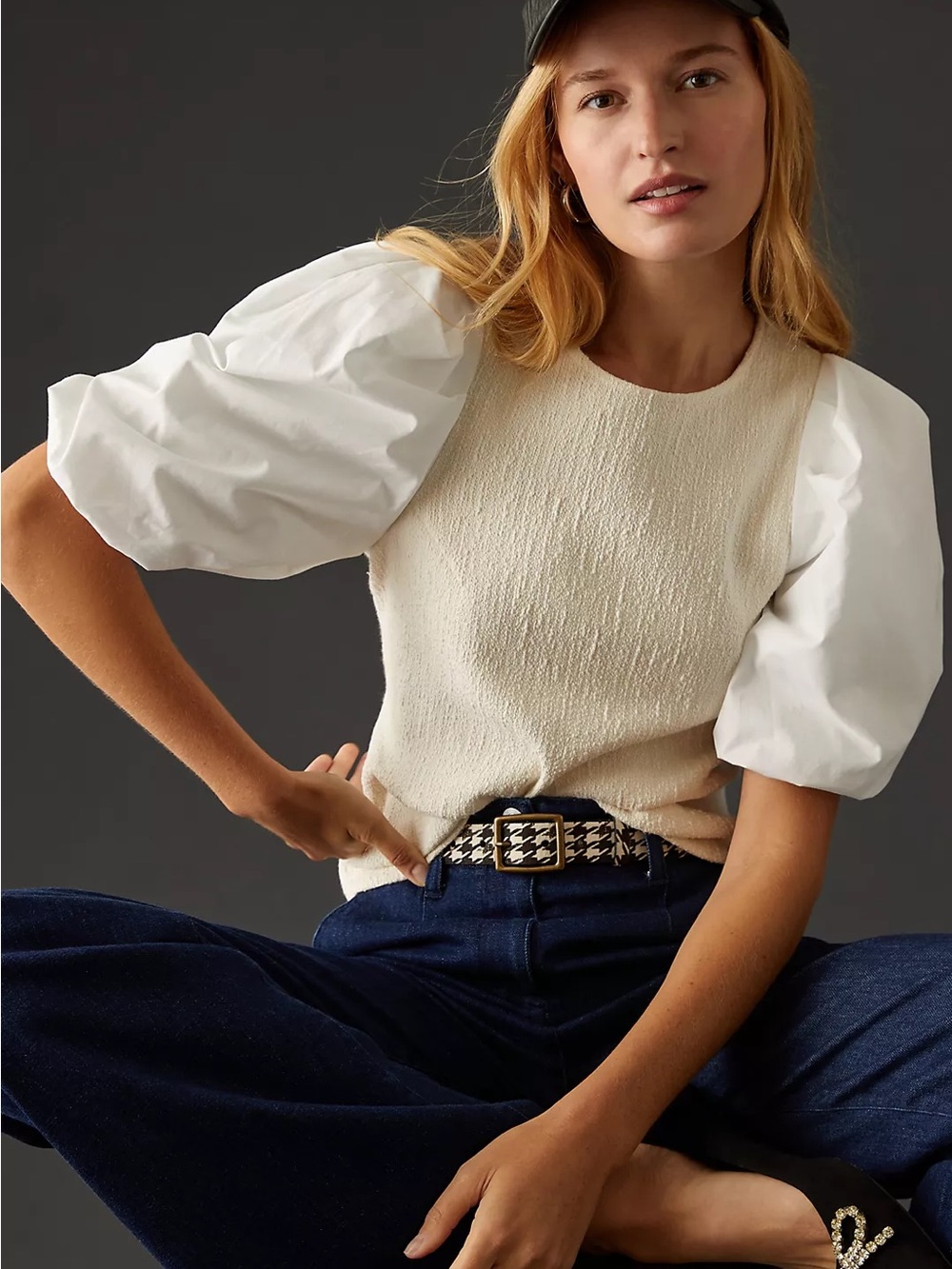 By Anthropologie Ivory Mixed Media Puff-Sleeve Blouse Size Medium